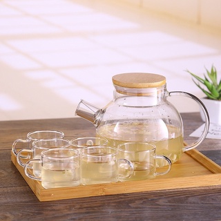 set ấm thuỷ tinh nắp tre 1L ( 1 ấm thuỷ tinh nắp tre, 6 chén trụ quai, 1 khay tre 37x30x3cm)