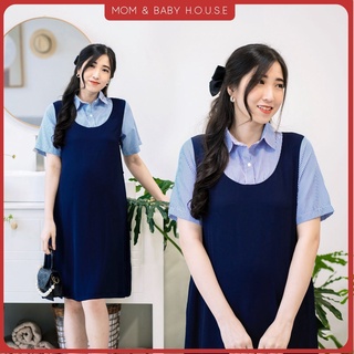Đầm bầu công sở dáng yếm liền phối tay sọc xanh cổ sơ mi