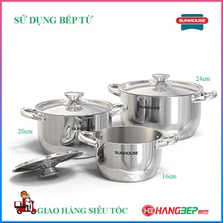 Bộ 3 nồi inox 3 đáy Sunhouse SHG302 (new_model 10.2021) 16cm/20cm/24cm - Sử dụng bếp từ