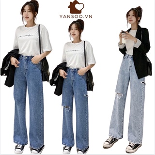 Quần jean ống rộng rách hai bên cạp cao hai màu xanh đậm , xanh nhạt , Quần bò ống đứng hách dáng YANSOO