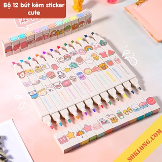 Bộ 12 bút highlight 2 đầu màu Pastel Light Color kèm sticker HI06, bút đánh dấu thân vuông ghi chú