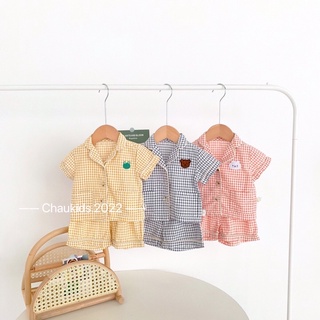 Bộ pijama, bộ ngủ cộc tay bé trai bé gái hoạ tiết caro hot hit hình gấu thêu tay