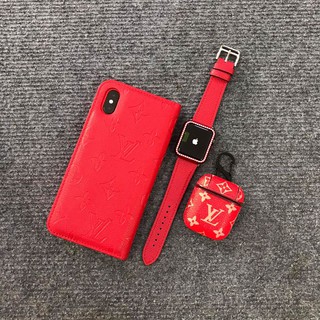 Combo ĐỎ ốp lưng dạng ví, bao da airpods, dây đồng hồ apple watch