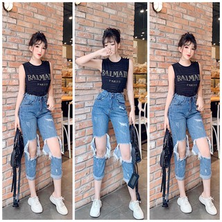Quần jean BIG SIZE rách lủng gối lưng siêu cao, co dãn mạnh, bụi bặm cá tính 3102