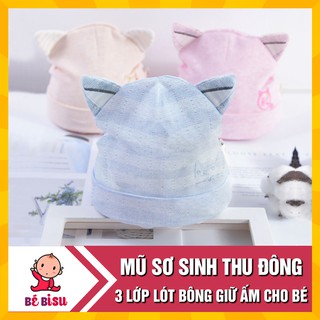 Mũ bông sơ sinh cotton Hình mèo 3 lớp giữ ấm cho bé 0-1 tuổi