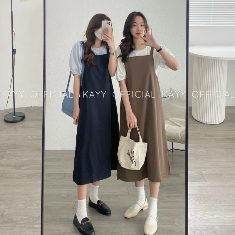 set đầm yếm dáng dài trơn basic hàn Quốc
