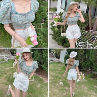 Set bộ croptop hoa nhí tay bồng chun eo mix quần short đùi BN277