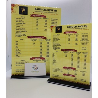 Bảng Giá / Menu Quán In Theo Yêu Cầu Kèm Chân Mica