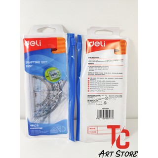 Bộ thước Eke 4 món DELI 9597 cao cấp, trong suốt kèm túi zip