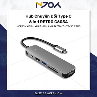 Hub Chuyển Đổi Type C 6 In 1 Retro C605A Dùng Cho Macbook, iPad, SAMSUNG, Xiaomi, Xuất Hình Ảnh 4K/30Hz, Tf/Sd Card