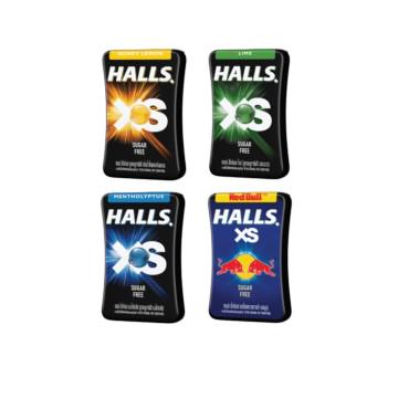 Combo 4 Hộp Kẹo Ngậm Không Đường Halls Xs Hương Chanh-Bạc Hà-Mật Ong-Redbull 13.8G/hộp