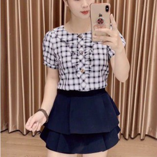 Áo Sơ Mi Caro, Ngắn Tay, Cổ Bèo Đính Cúc Siêu Xinh