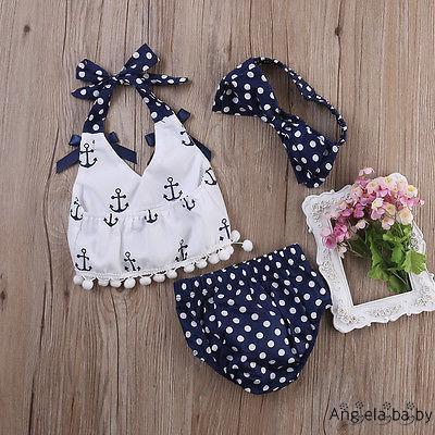 Set áo croptop chấm bi kèm quần họa tiết mỏ neo cho bé