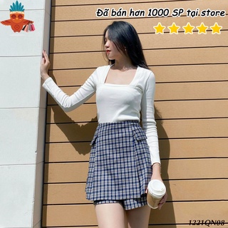 Quần giả váy caro túi nấp xanh, nâu THOCA HOUSE trẻ trung, năng động mặc đi chơi, đi làm