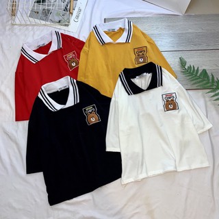 Áo polo croptop mẫu sọc cổ thêu gấu Brown xinh xắn