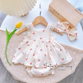 Sét váy xô muslin cherry kèm chíp và nơ cho bé gái đầy tháng/ thôi nôi