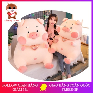 Gấu bông heo ngồi đeo tim cánh cầu vồng  FREESHIP  Gấu Bông Sóc Nhí - Gấu bông cao cấp vải nhung co giãn 4 chiều