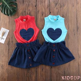 Bộ Váy Gồm 2 Món Áo Sát Nách Họa Tiết Trái Tim + Chân Váy Jean Cho Bé Gái