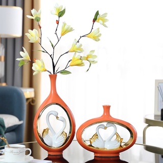 Đôi Thiên Nga gốm sứ mạ mầu vàng trang trí gồm 2 bình Huydecor