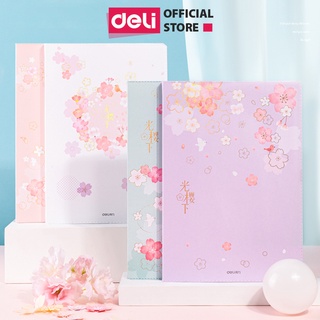 Sổ tay ghi chép Deli bìa da khâu gáy khổ 16K/32K 192 trang Hình hoa anh đào Sakura nhiều màu giấy kẻ ngang chống lóa mắt