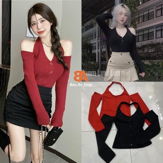 Áo kiểu bẹt vai dây chồng cổ phối cúc chất vải thun gân len 4 chiều