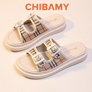 Dép nữ 2 quai ngang gắn Khuy Vuông CHIBAMY, Dép thời trang nữ Hàn Quốc đế bằng cao 3cm