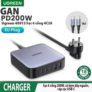 Củ sạc nhanh 200W Ugreen 40913 40914 CD271 ( 6 in 1) USB C x 4 và 2 USB - A Chính Hãng+dây USB C 1M GAN II