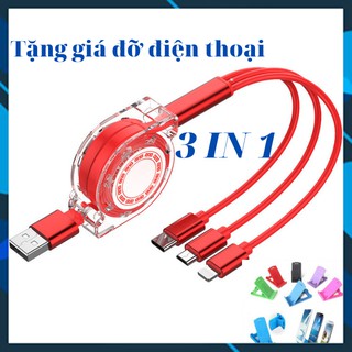 [ Tặng Giá Đỡ Điện Thoại ] Dây Sạc Điện Thoại 3 Đầu Kéo Rút Tiện Lợi Dây Sạc Iphone Android Type C Sạc Nhanh