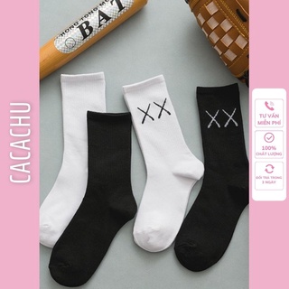 Tất vớ nữ cổ cao hàn quốc màu đen trắng cute dễ thương dấu XX Kaws phong cách vinatge giá rẻ CACACHU L05-1