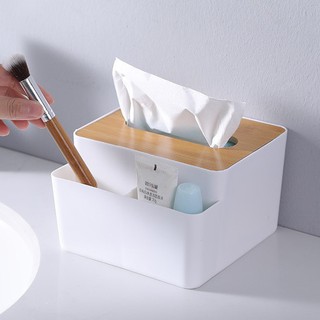 Hộp Đựng Khăn Giấy Ăn Đa Năng 2 Ngăn Nắp Gỗ Để Đồ Đặt Bàn Làm Việc Phòng Khách Phòng Ngủ