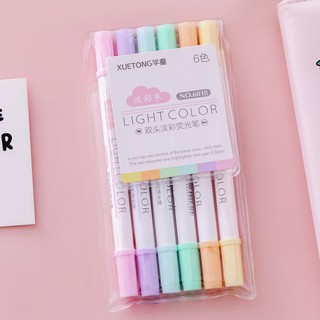 Set 6 bút highlight 2 đầu Light Color màu pastel - Bộ bút dạ quang màu macaron