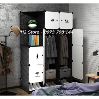 TỦ LẮP GHÉP GIÁ RẺ THÔNG MINH ĐỂ ĐỒ 12 Ô (GỒM 2 KỆ GÓC) VÀ 3 Ô GIÀY CỬA QUẦN ÁO VÁCH ĐEN ĐA NĂNG sâu 47cm