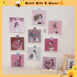 Set 9 tấm thiệp postcard CÔ GÁI VÀ HOA có sẵn decor trang trí phòng cực xinh