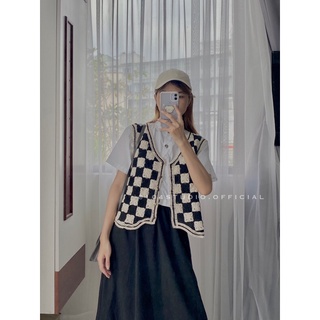Gile ô bàn cờ Croptop dệt kim không tay hoạ tiết sọc caro phong cách retro Hàn Quốc