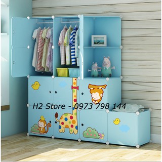 TỦ NHỰA LẮP GHÉP 12 Ô (GỒM 2 KỆ) + 1 Ô XANH DƯƠNG NHẠT CỬA HƯƠU CAO CỔ ĐA NĂNG THÔNG MINH sâu 47cm
