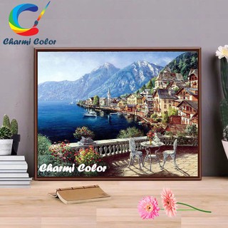 Tranh sơn dầu số hoá đã căn khung 40x50 cm KZE434 Thị trấn ven biển