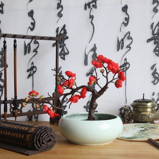 Cây đào cổ dáng bonsai (có phân loại kèm chậu) trang trí nghệ thuật 33cm - Hoa giả để bàn