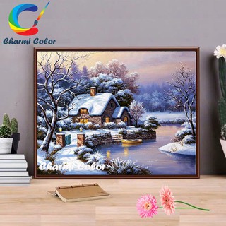 Tranh sơn dầu số hoá tự tô đã căng khung 40x 50 cm E750 Nhà Tuyết Bên hồ