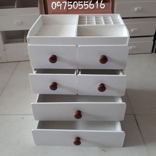 Tủ đựng mỹ phẩm 5 tầng trắng núm gỗ đậm