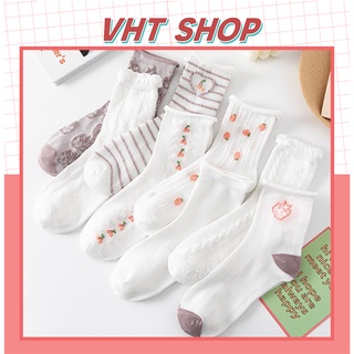 Tất cổ cao, vớ cổ cao nữ trắng họa tiết dễ thương vải co giãn thời trang Hàn Quốc TC116 - VHT SHOP