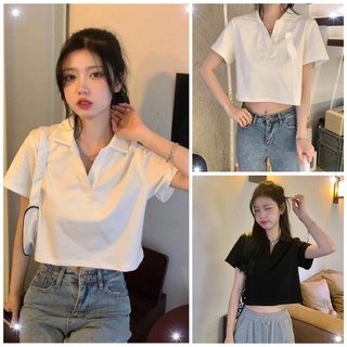 Áo croptop tay ngắn Polo cổ bẻ phông trơn thời trang cho nữ phong cách Hàn