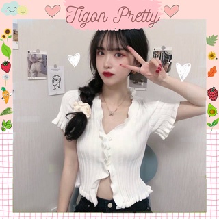 [ Ành Thật] Áo croptop viền bèo ngắn tay đơn giản thời trang