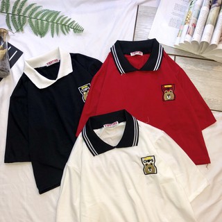Áo croptop polo sọc cổ thêu gấu Brown