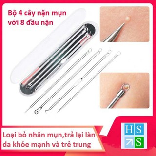 BỘ DỤNG CỤ NẶN MỤN chứng cá 4 cây 8 đầu thép không gỉ đa năng và tiện dụng - HS Shop Đà Nẵng