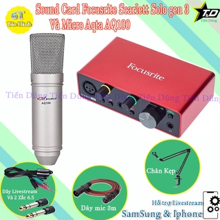 Mic Thu Âm Livestream Aqta AQ100 và Sound Card Focusrite Scarlett Solo Gen 3 Chân Kẹp Dây Livestream Dây Mic 3m Zắc 6.5