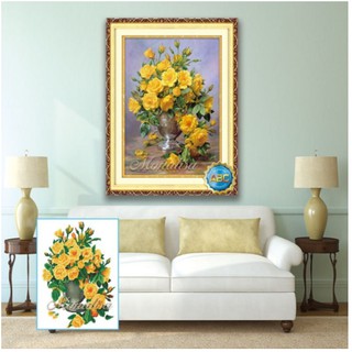 Tranh Đính Đá BÌNH HOA HỒNG VÀNG (ĐÁ ABC CAO CẤP). Kích Thước: 70cm x 50cm