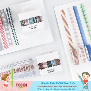<Ảnh Thật Shop Chụp> Bộ 5 Băng Keo Dính Washi Tape Họa Tiết Basic Trang Trí Sổ Tay Nhật Kí Khay Đựng Bút Teeci636