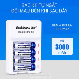 [Chính Hãng] Combo Sạc Tự Ngắt K11 Kèm 4 Pin Doublepow 3000Mah - Sạc Nhanh Có Đổi Màu Đèn BH 1 đổi 1