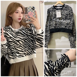 Áo croptop tay dài bo chun dáng rộng in họa tiết ngựa vằn thời trang phong cách Hàn Quốc cho nữ