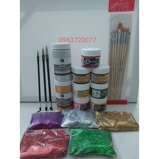 Combo 5 món: Màu vẽ, Màu nhũ, Kim tuyến, Cọ vẽ trang trí Tết ( vẽ dưa, dừa, bưởi tết)